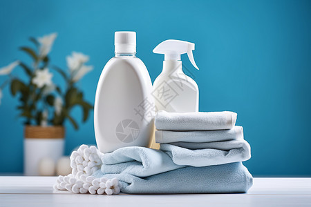 清洁瓶子卫生洗涤剂和毛巾背景