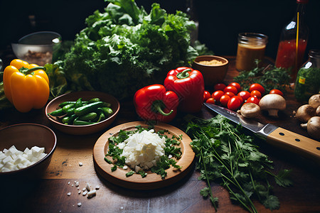 蔬菜盛宴中的刀子背景图片