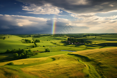 彩虹下的乡村风光背景图片