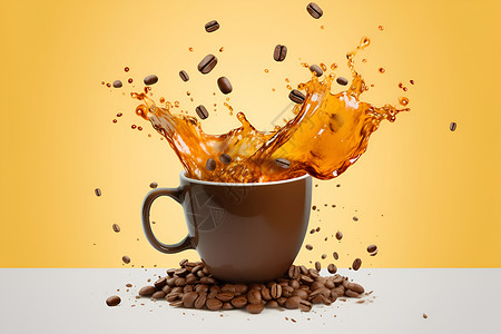 咖啡豆飞溅飞溅的咖啡和咖啡豆背景