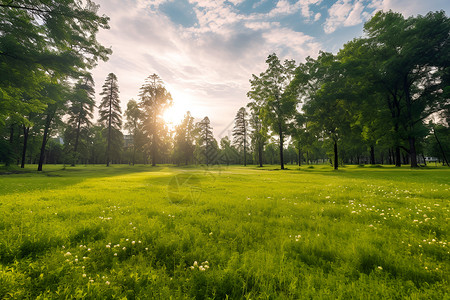 草地上的树木和阳光背景图片