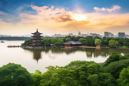 真身宝塔夕阳映照的西湖与城市背景