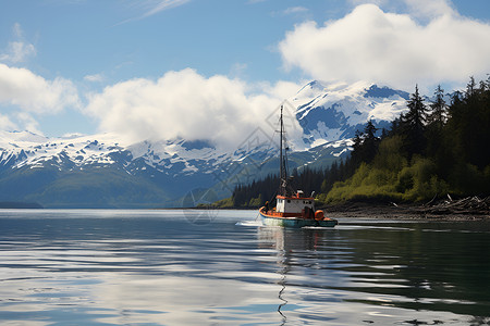 蓝天白云下的渔船背景图片
