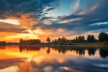 夕阳下的巨大湖面背景图片