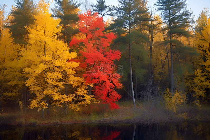 秋日红叶的树林图片