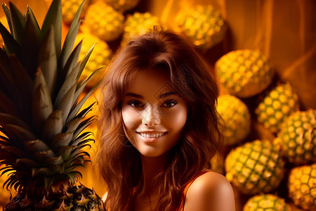 金黄菠萝前的女人背景图片