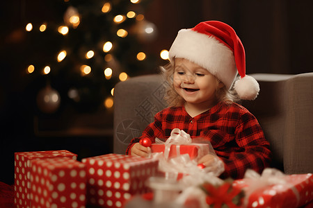 圣诞礼物前的小女孩背景图片