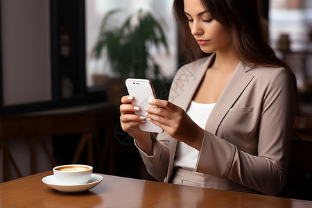 咖啡店看手机的女人背景图片