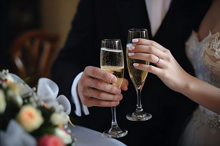 夫妇举着香槟杯庆祝新婚背景图片