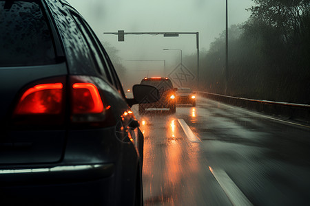 雨天道路上行驶的汽车背景图片