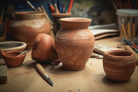 手工制作的陶艺陶罐背景图片