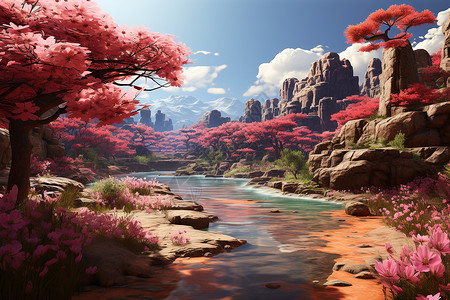 河流四周的花草背景图片