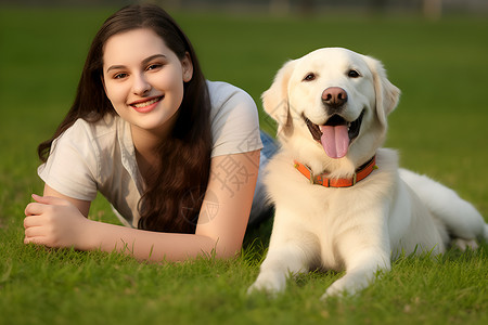 户外草地上的拉布拉多犬和主人高清图片