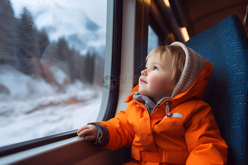 冬季火车出行的小男孩图片