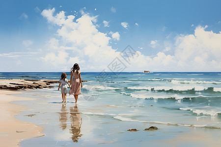 夏季沙滩上漫步的姐妹背景图片