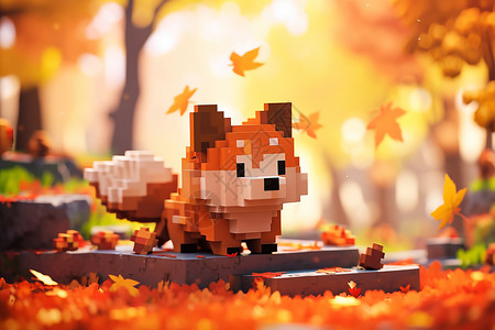 落叶上的玩具狐狸背景图片