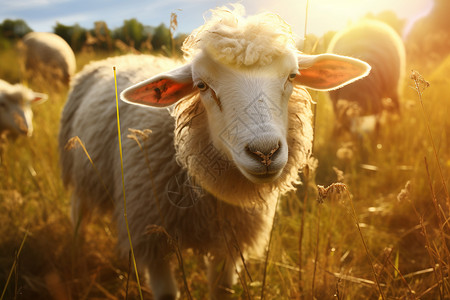 田野中吃草的羊羔背景图片
