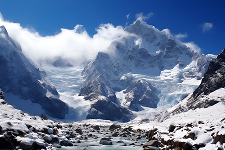 雪山溪流冬季冰川的壮丽背景