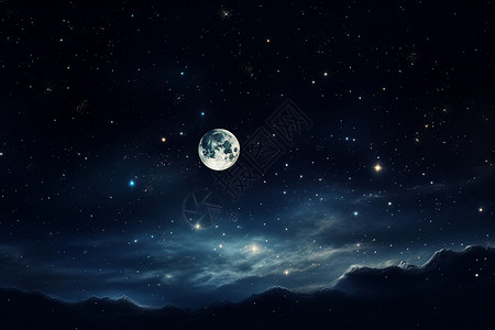 午夜夜空中的圆月背景图片