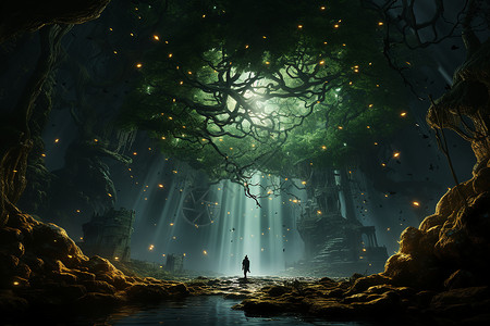 奇幻的夜晚森林背景图片