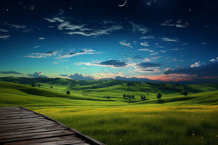 夜空下的绿色田野背景图片