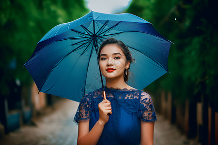 女子撑伞雨中行走背景