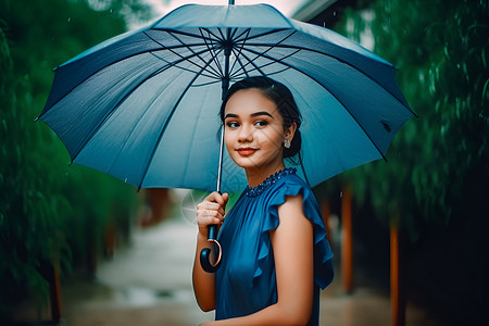 女子雨中撑伞背景图片