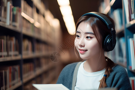 书架旁的女孩戴着耳机背景图片