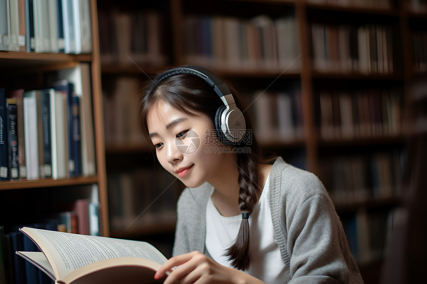 女孩在图书馆里戴着耳机看书图片