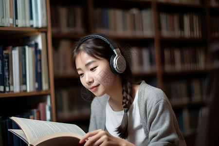 女孩在图书馆里戴着耳机看书背景图片