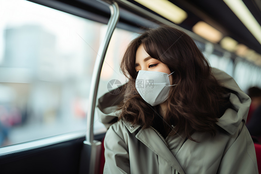 公交车上戴着口罩的女人图片