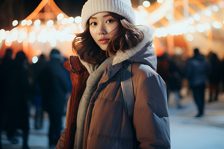 夜幕美女戴帽子穿冬装的女人背景