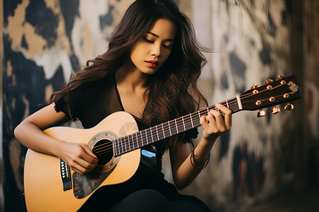 手绘吉他乐器弹奏吉他的女人背景