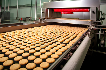 美食工厂工厂传送带上的饼干背景