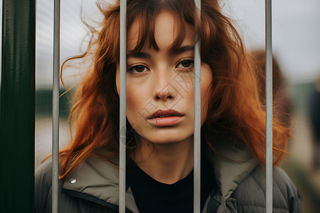 铁栅栏里的红发女人背景图片