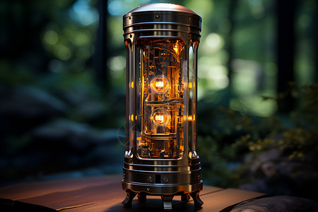 一盏金属灯笼融入森林之中背景图片