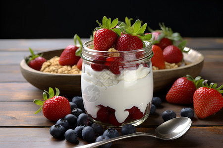 草莓和蓝莓酸奶早餐背景图片