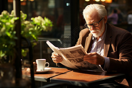一位老人在室内看报纸背景图片