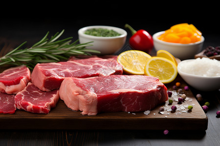 澳洲西冷牛排桌上面放有一块生肉背景