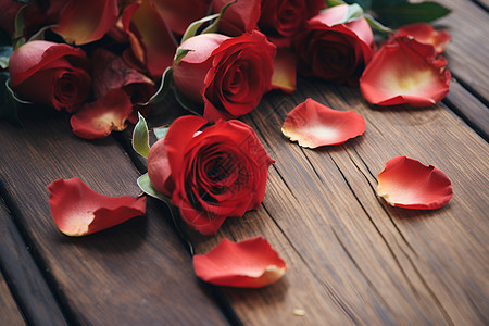 木桌上红玫瑰花背景图片