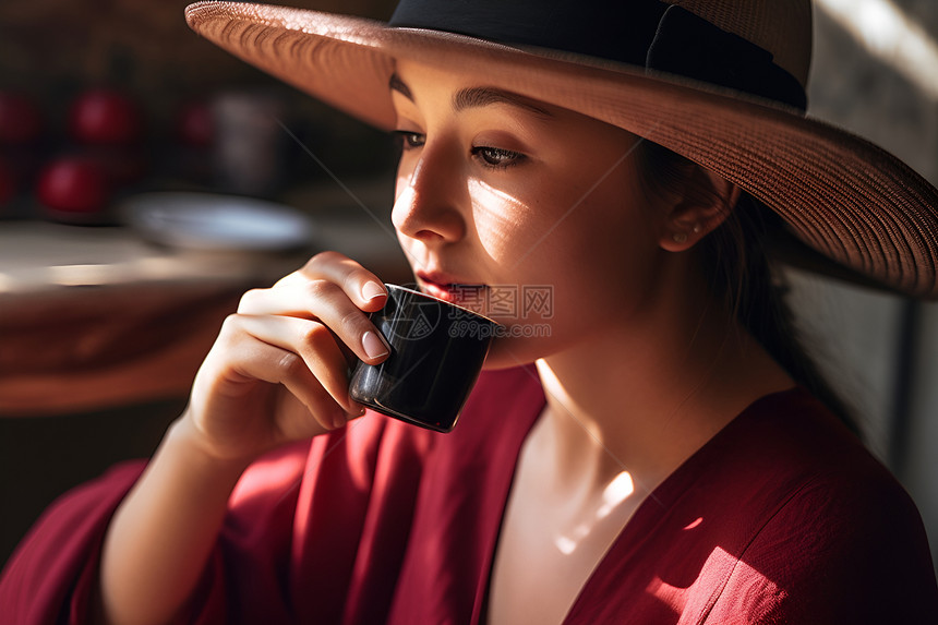 女子在喝着茶图片