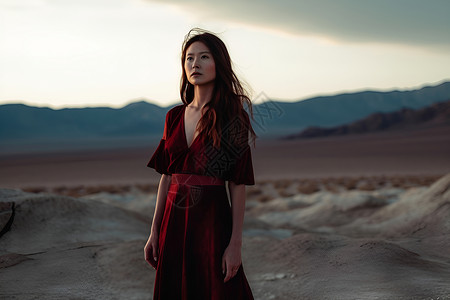沙漠女人夕阳下的红裙女子背景