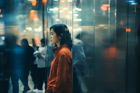 依靠玻璃墙的女人背景图片