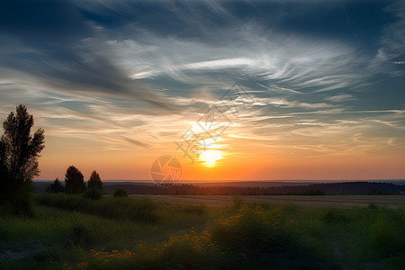夕阳下的田野背景图片