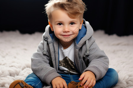 快乐的男孩坐在白色地毯上背景图片