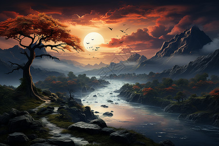 夕阳下的河流背景图片