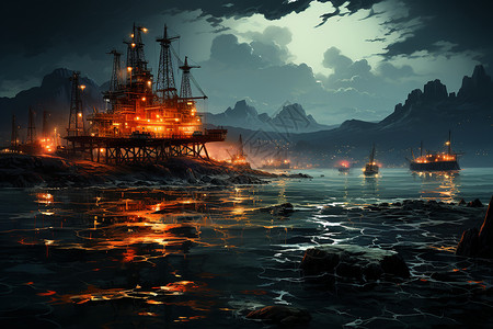 港口夜景夜晚海上的夜景插画