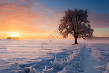 雪原上一颗孤独的树背景图片