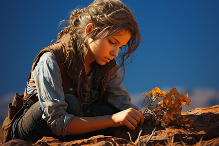 小女孩在荒地种植树苗背景图片