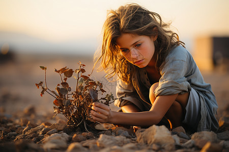 女孩种植树苗背景图片